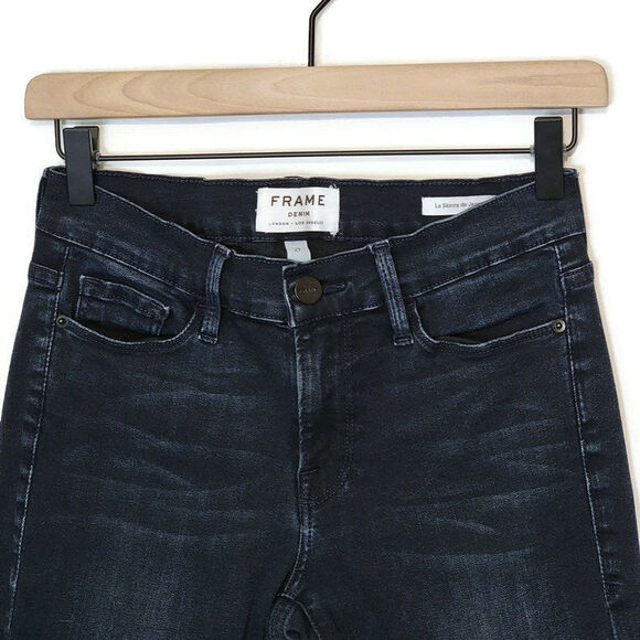 FRAME Le Skinny de Jeanne Mid Rise Dark Wash Blue Denim Jeans Minimal Chic 27 - Picture 4 of 13